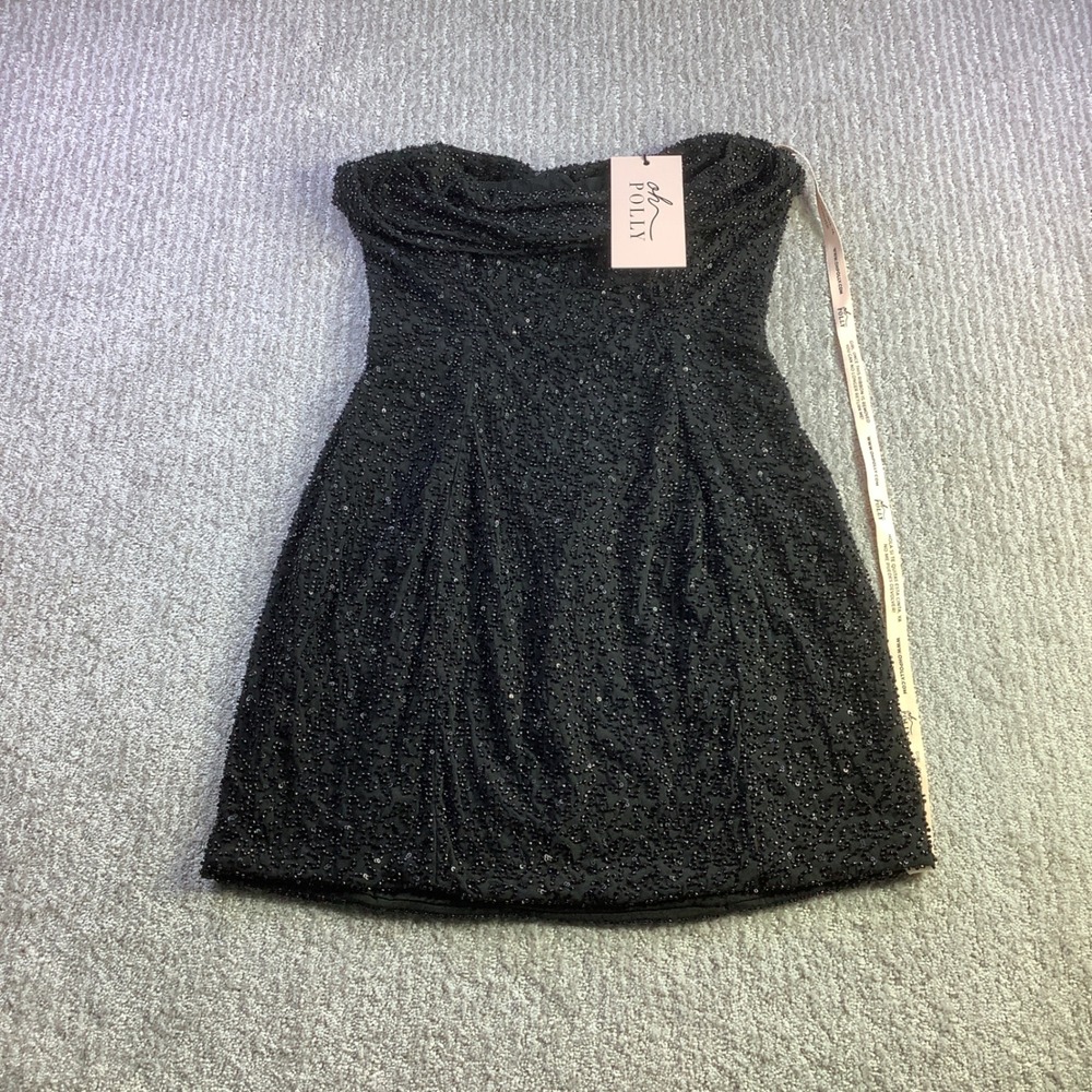 Oh Polly Black Beaded Sequin Strapless Mini Dress Cowl Neck US Size 10 NWT